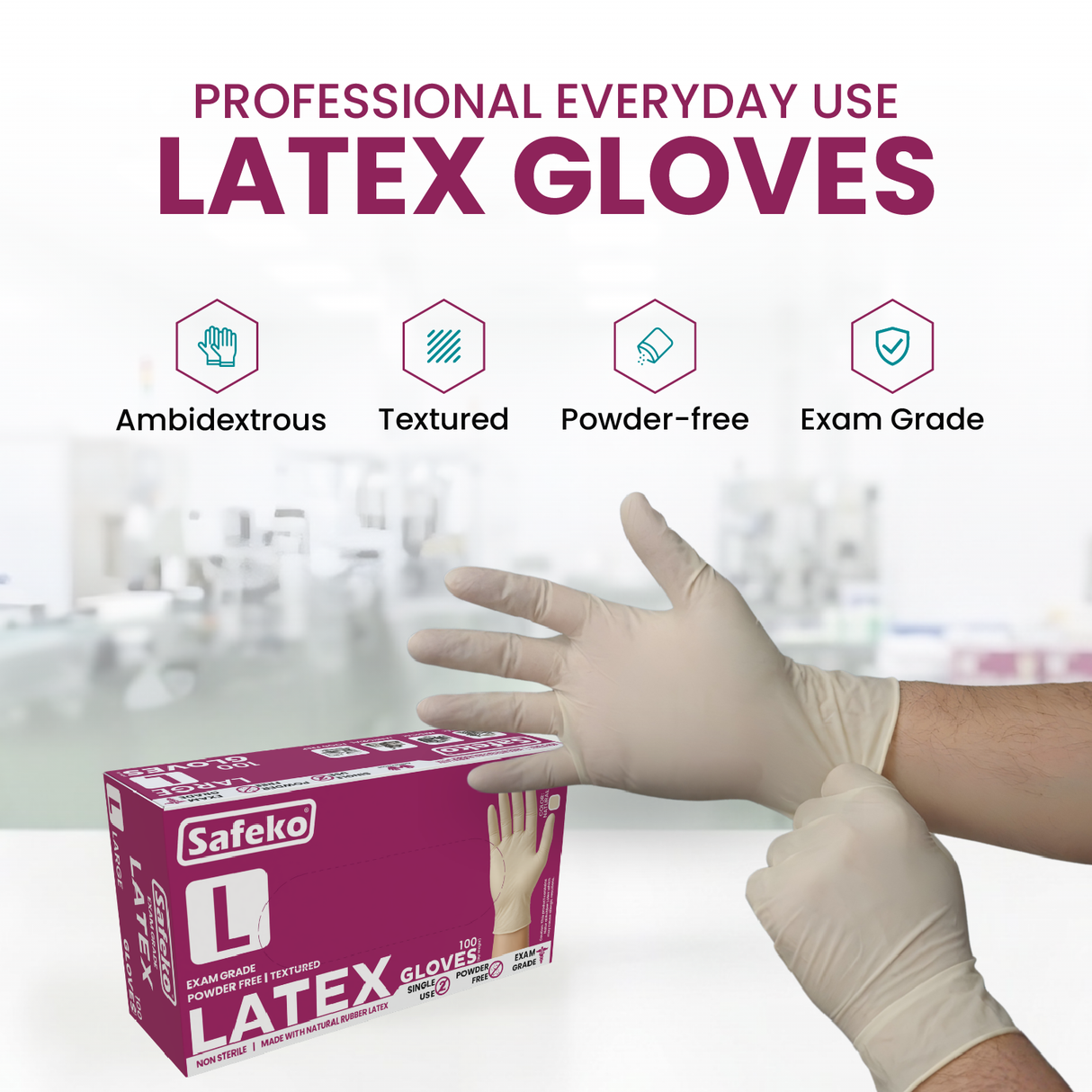 SAFEKO Latex Exam Gloves – Powder-Free Disposable Gloves, Natural Color, Flexible Fit for Food Service, Cleaning, Medical & General Use