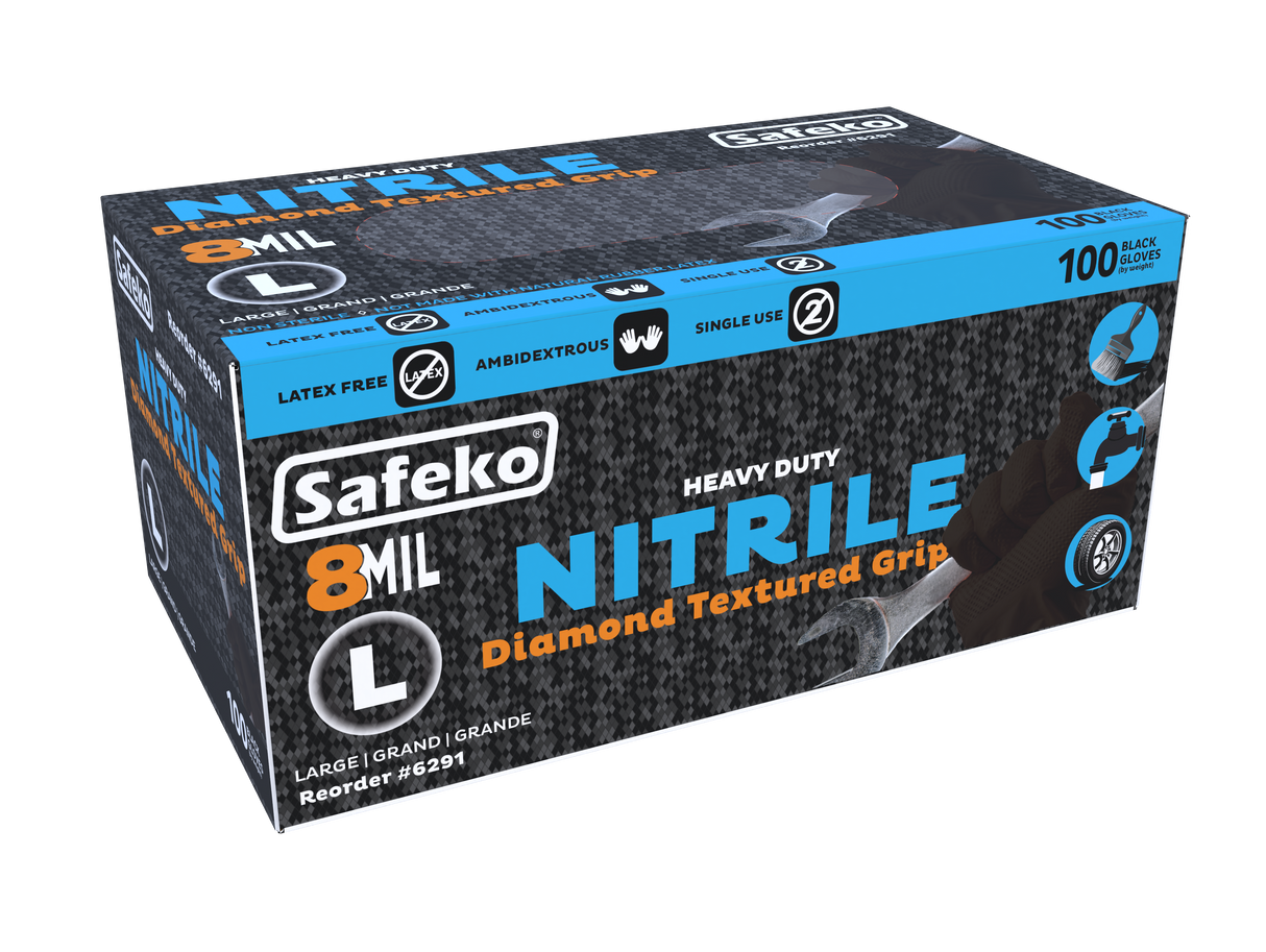 Safeko 8 Mil Diamond Textured Grip Nitrile Gloves – Heavy Duty Industrial Disposable Gloves, Powder Free, Latex Free