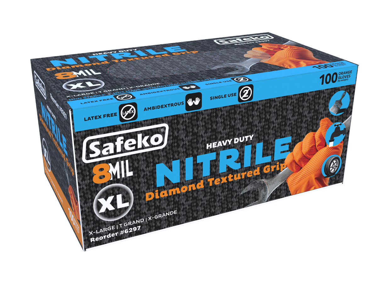 Safeko 8 Mil Diamond Textured Grip Nitrile Gloves – Heavy Duty Industrial Disposable Gloves, Powder Free, Latex Free