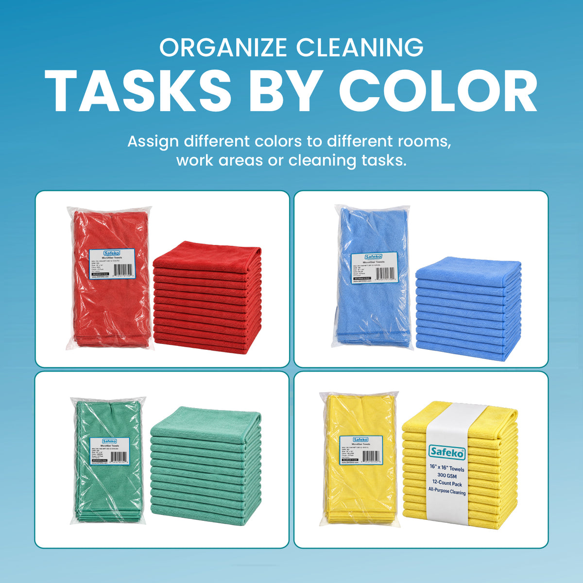 Microfiber Cleaning Towels – 300 GSM, Low-Lint, 16 x 16 Inch, 12 Pack