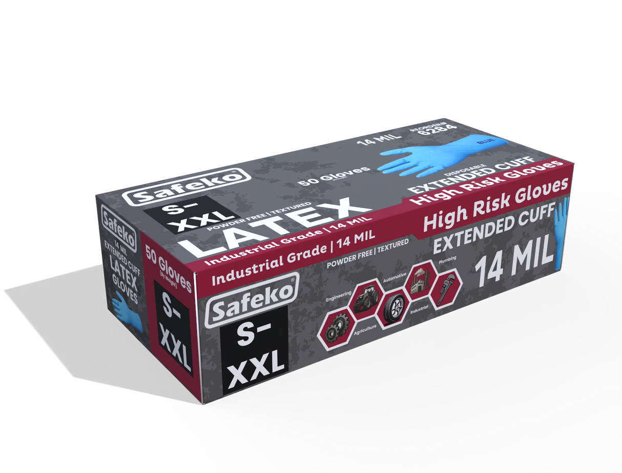 SAFEKO 14 Mil Blue Latex Disposable Gloves | Extended Cuff, Powder-Free, Textured Grip | Heavy-Duty Industrial Gloves for Mechanics, Janitorial, Medical & Cleaning