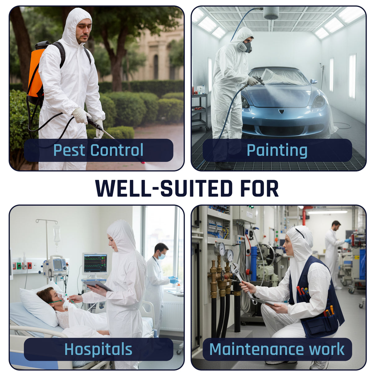 Collage of people wearing protective suits in various settings with labels for pest control, painting, hospitals, and maintenance work.