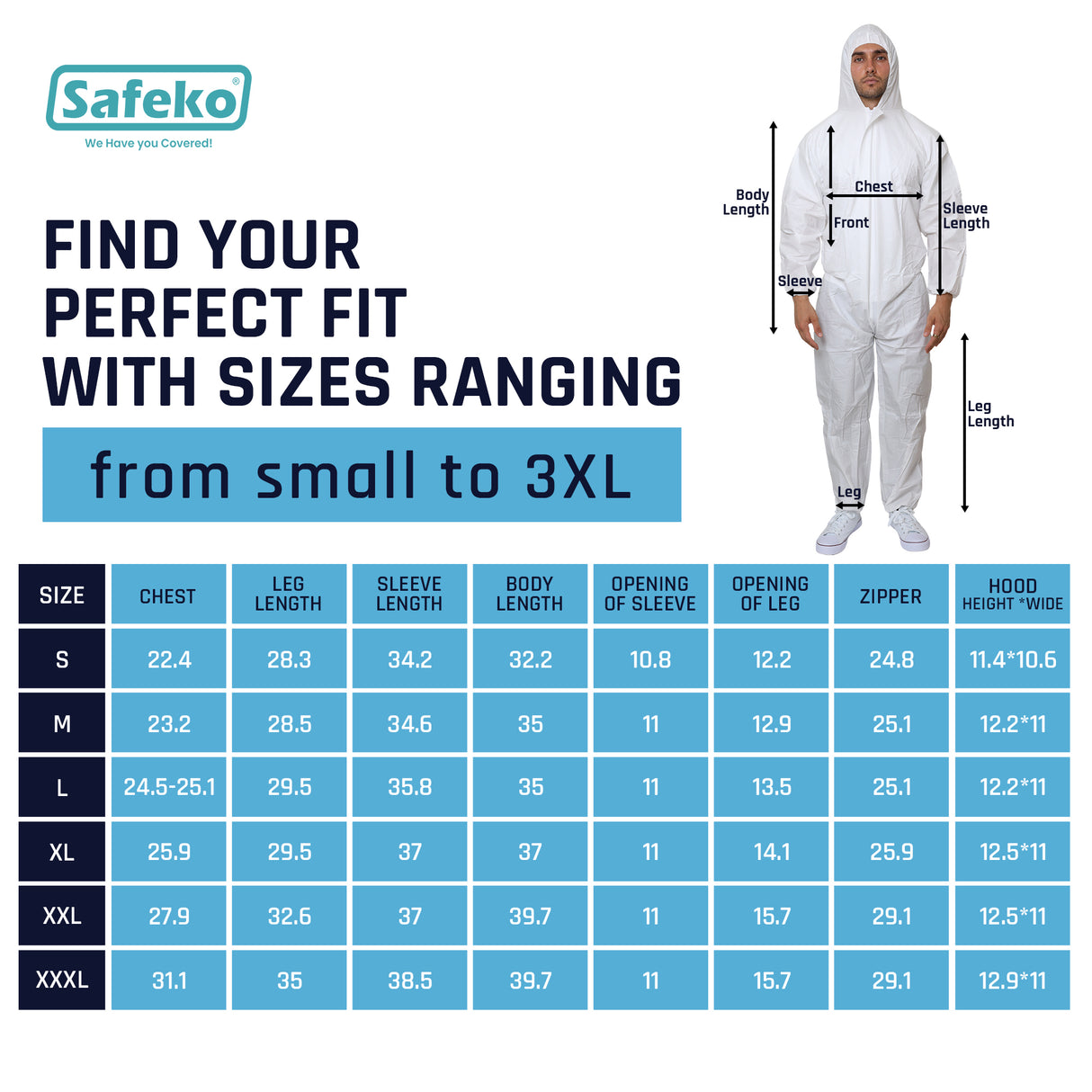 White protective suit with measurement chart for size selection on a white background, featuring Safeko branding.