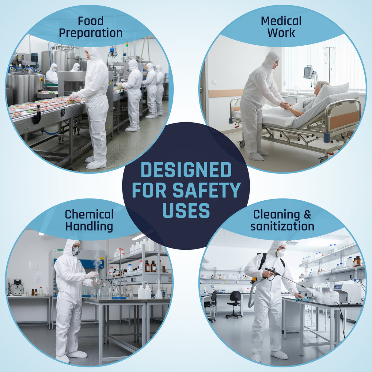 Collage of people in white protective suits in various settings with text 'Designed for Safety Uses'.