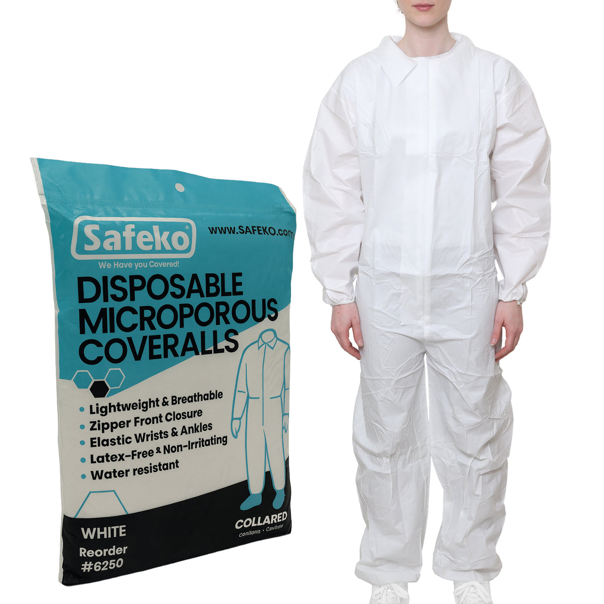SAFEKO Microporous Disposable Coveralls – White Protective Suit with Elastic Wrists, Ankles & Hood