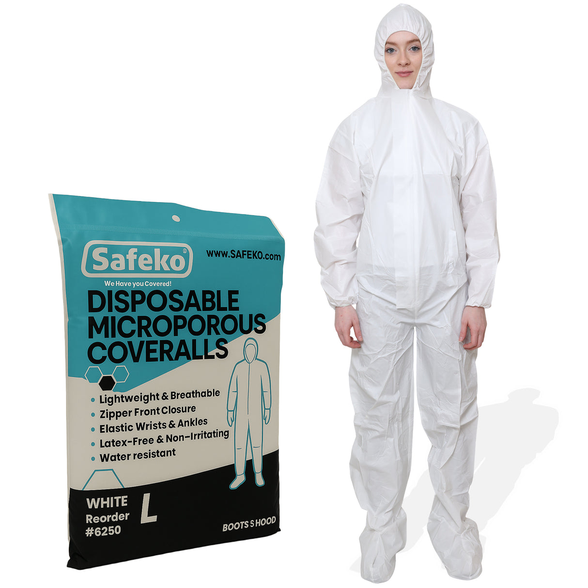 SAFEKO Microporous Disposable Coveralls – White Protective Suit with Elastic Wrists, Ankles & Hood