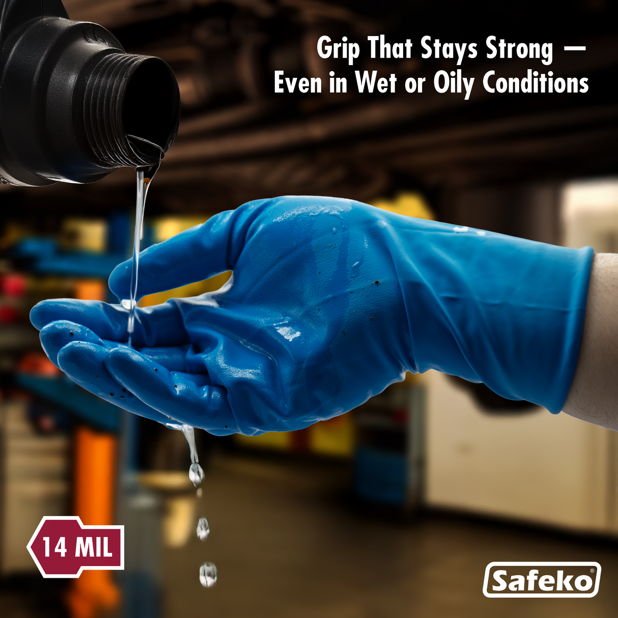 SAFEKO 14 Mil Blue Latex Disposable Gloves | Extended Cuff, Powder-Free, Textured Grip | Heavy-Duty Industrial Gloves for Mechanics, Janitorial, Medical & Cleaning