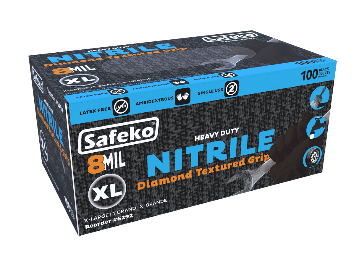 Safeko 8 Mil Diamond Textured Grip Nitrile Gloves – Heavy Duty Industrial Disposable Gloves, Powder Free, Latex Free