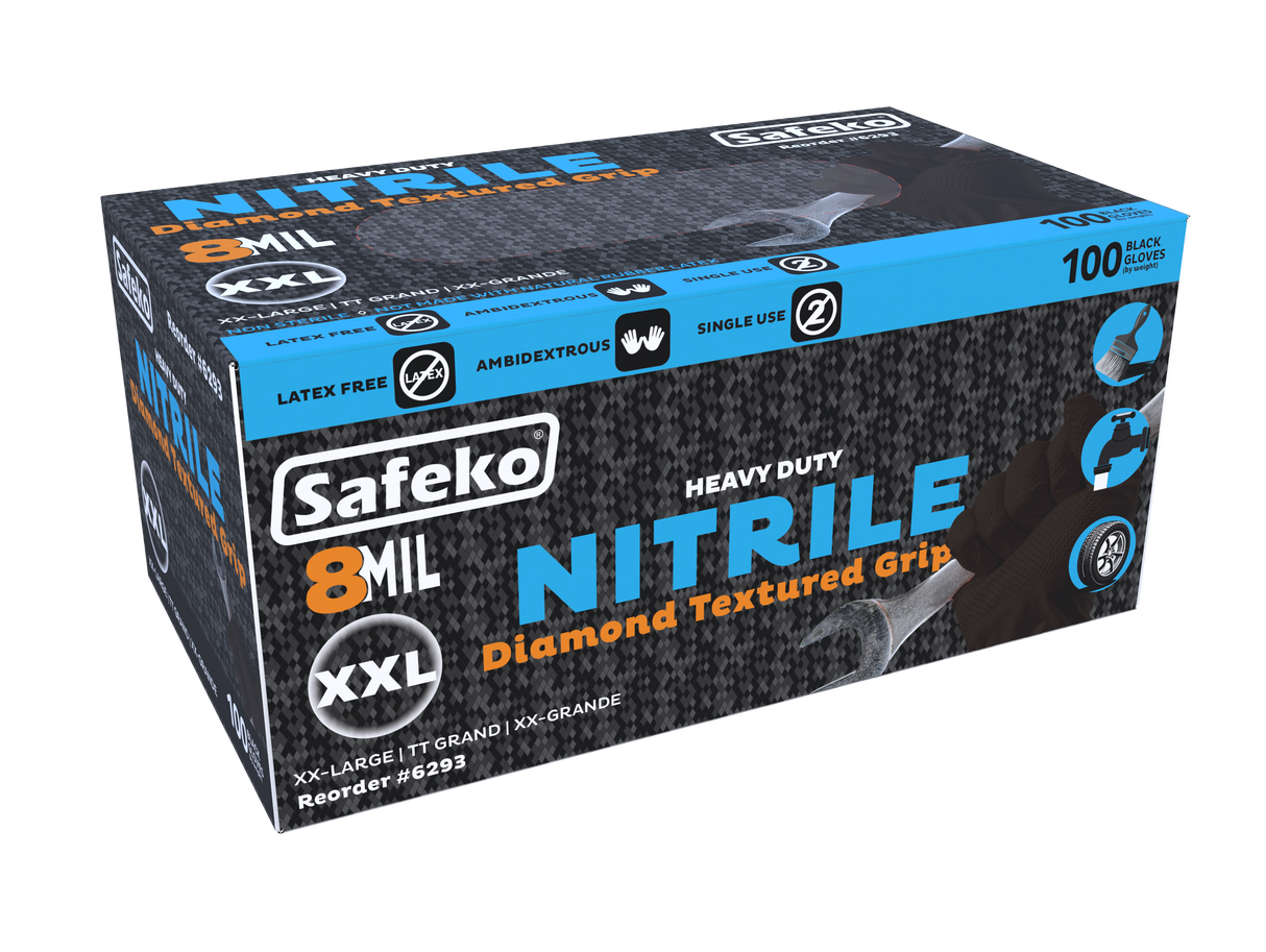 Safeko 8 Mil Diamond Textured Grip Nitrile Gloves – Heavy Duty Industrial Disposable Gloves, Powder Free, Latex Free