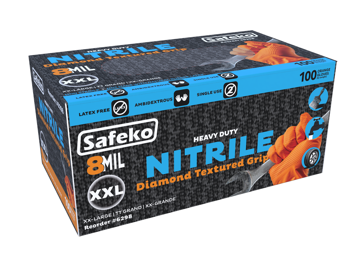 Safeko 8 Mil Diamond Textured Grip Nitrile Gloves – Heavy Duty Industrial Disposable Gloves, Powder Free, Latex Free
