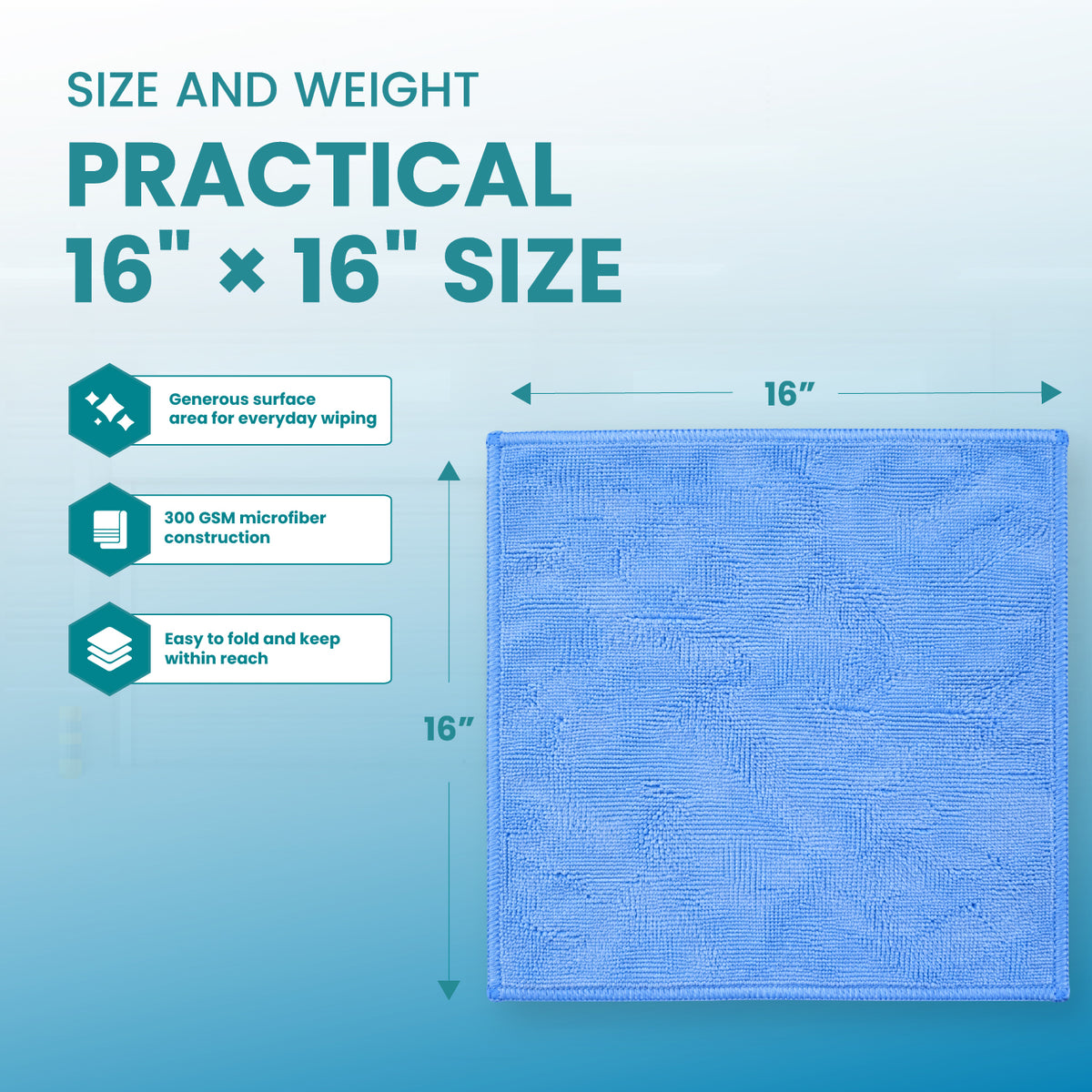 Microfiber Cleaning Towels – 300 GSM, Low-Lint, 16 x 16 Inch, 12 Pack