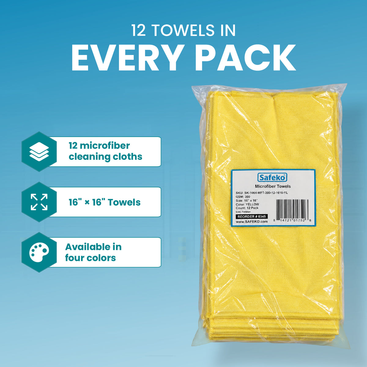 Microfiber Cleaning Towels – 300 GSM, Low-Lint, 16 x 16 Inch, 12 Pack