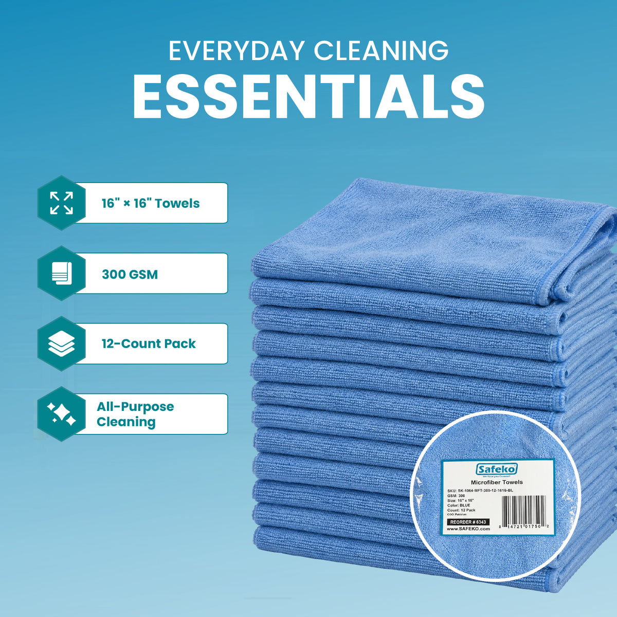 Microfiber Cleaning Towels – 300 GSM, Low-Lint, 16 x 16 Inch, 12 Pack