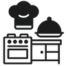 Black icon of a chef's hat, oven, and covered dish on a white background