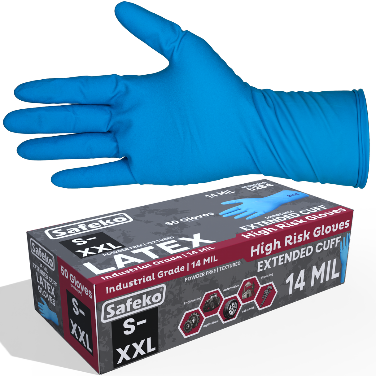 SAFEKO 14 Mil Blue Latex Disposable Gloves | Extended Cuff, Powder-Free, Textured Grip | Heavy-Duty Industrial Gloves for Mechanics, Janitorial, Medical & Cleaning