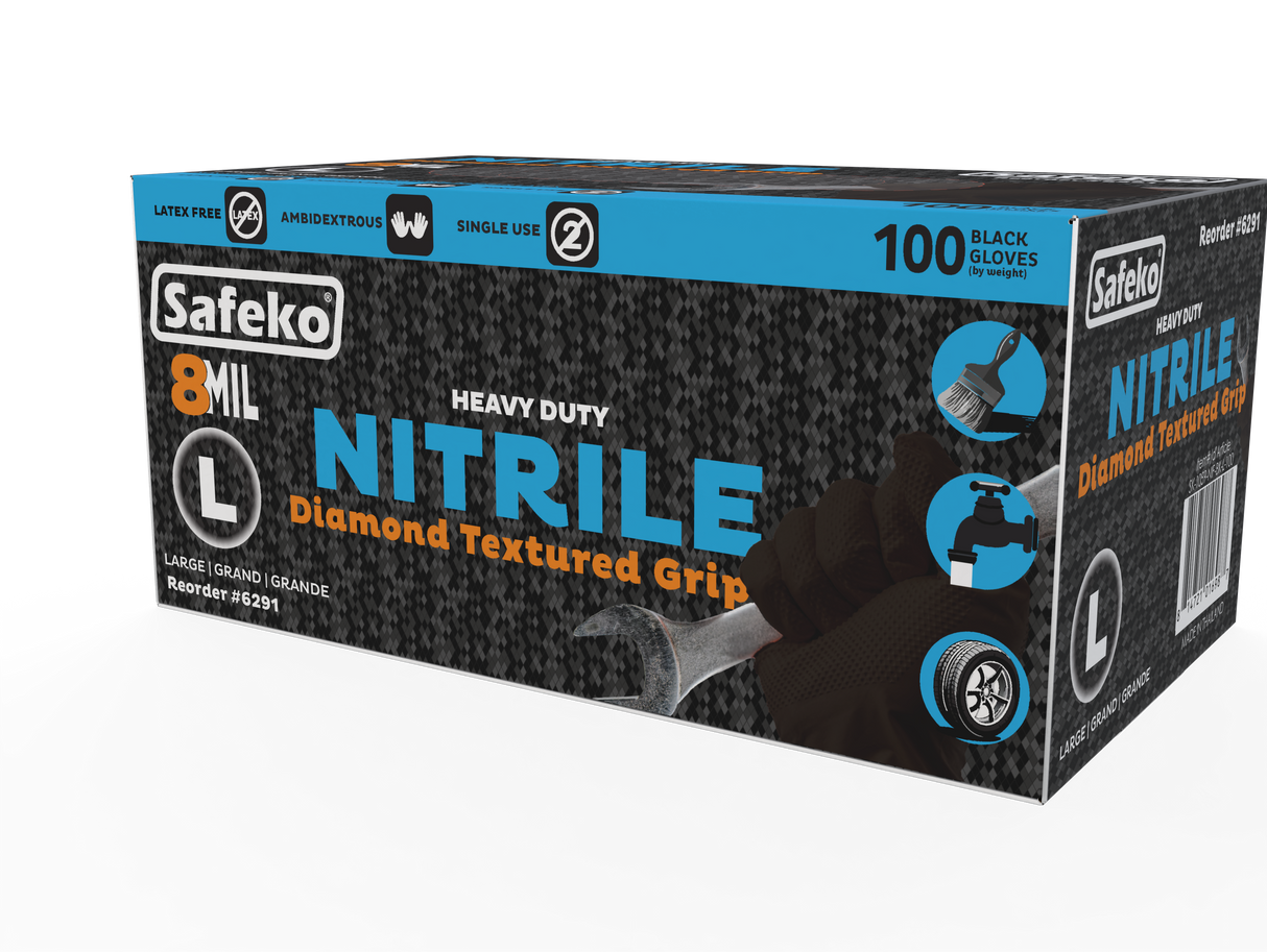 Safeko 8 Mil Diamond Textured Grip Nitrile Gloves – Heavy Duty Industrial Disposable Gloves, Powder Free, Latex Free