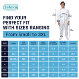 Safeko size chart for a full-body suit with measurements and a man model.