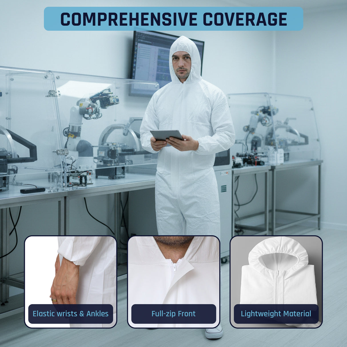 Person in a white protective suit with text 'Comprehensive Coverage' in a laboratory setting.