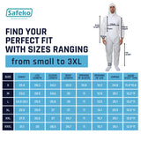 White protective suit with measurement chart for size selection on a white background, featuring Safeko branding.