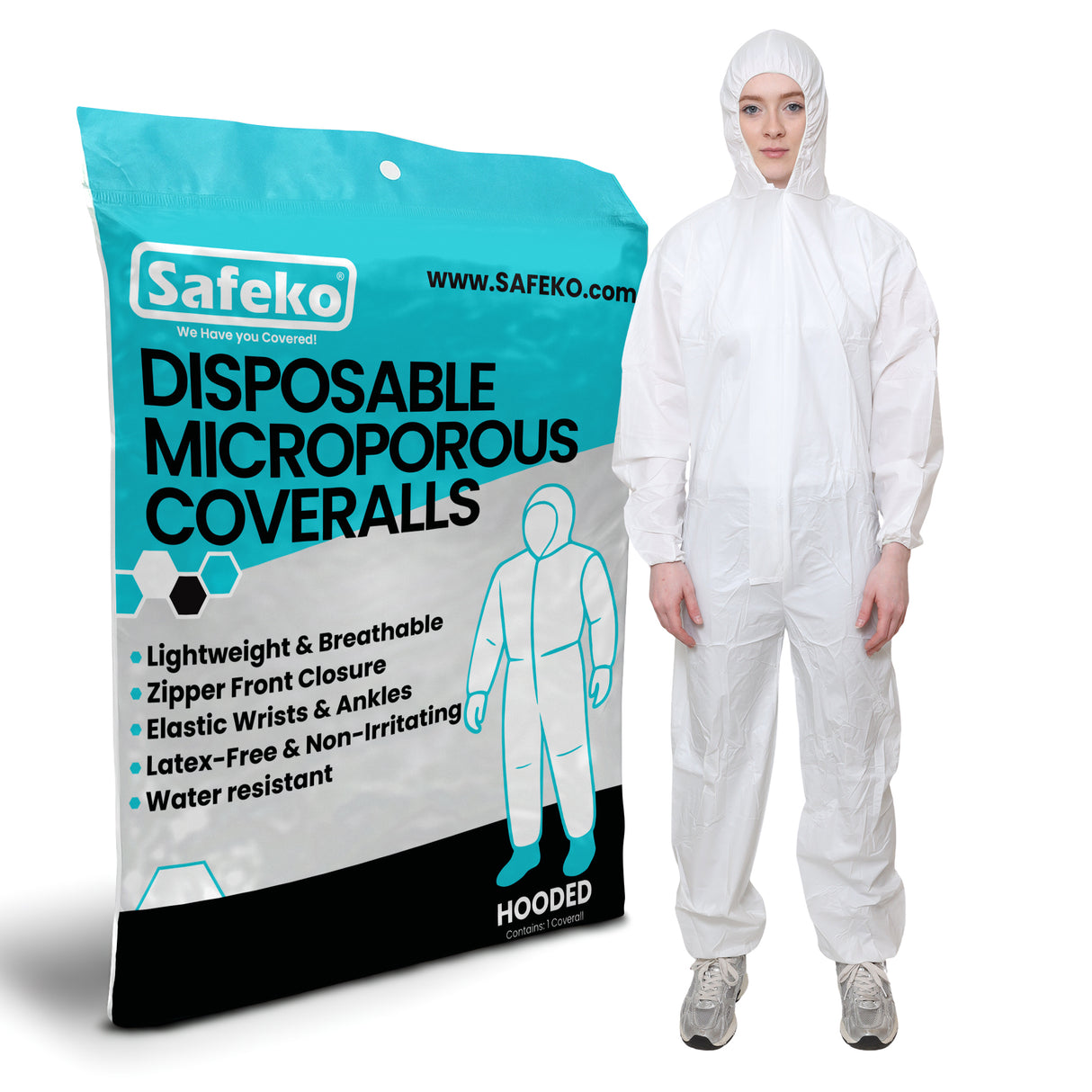 Person wearing a white disposable microporous coverall with Safeko packaging.