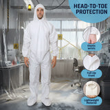 Person wearing a full-body protective suit with features highlighted in a laboratory setting.