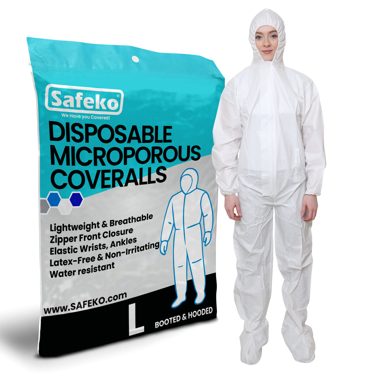 Person wearing a white disposable microporous coverall with Safeko packaging.