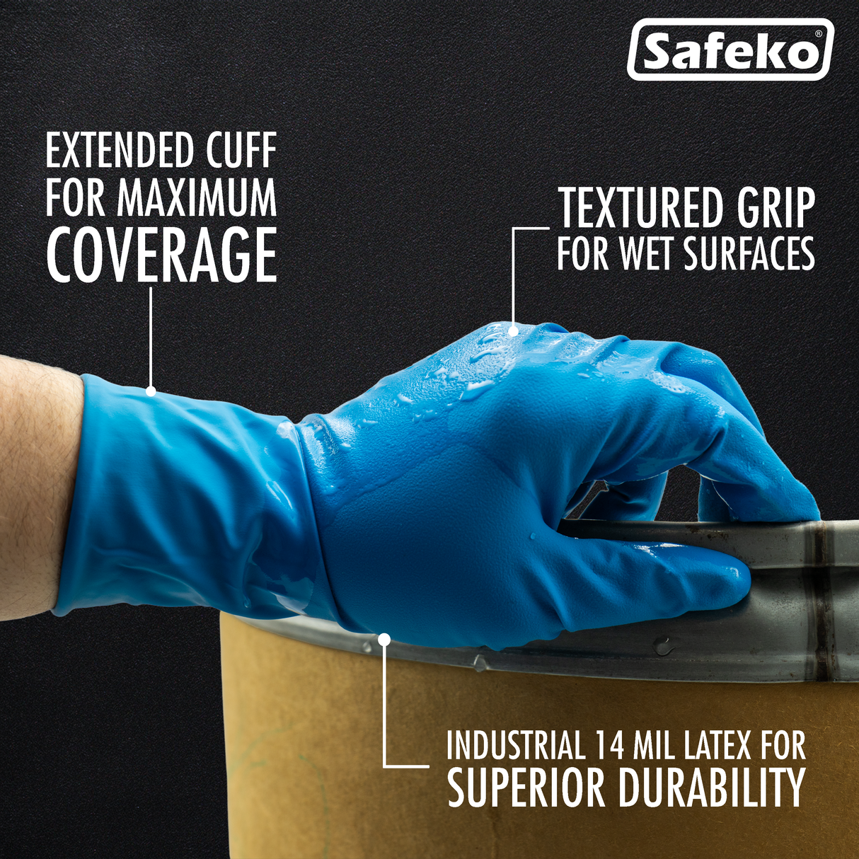 SAFEKO 14 Mil Blue Latex Disposable Gloves | Extended Cuff, Powder-Free, Textured Grip | Heavy-Duty Industrial Gloves for Mechanics, Janitorial, Medical & Cleaning
