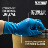SAFEKO 14 Mil Blue Latex Disposable Gloves | Extended Cuff, Powder-Free, Textured Grip | Heavy-Duty Industrial Gloves for Mechanics, Janitorial, Medical & Cleaning