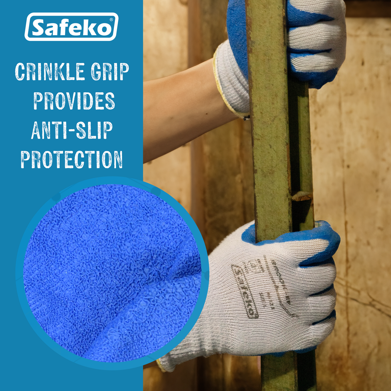 promat safeline handschuhe SAFEKO Latex Palm Coated Gloves with Crinkled Texture for Improved Grip and Durability - Blue